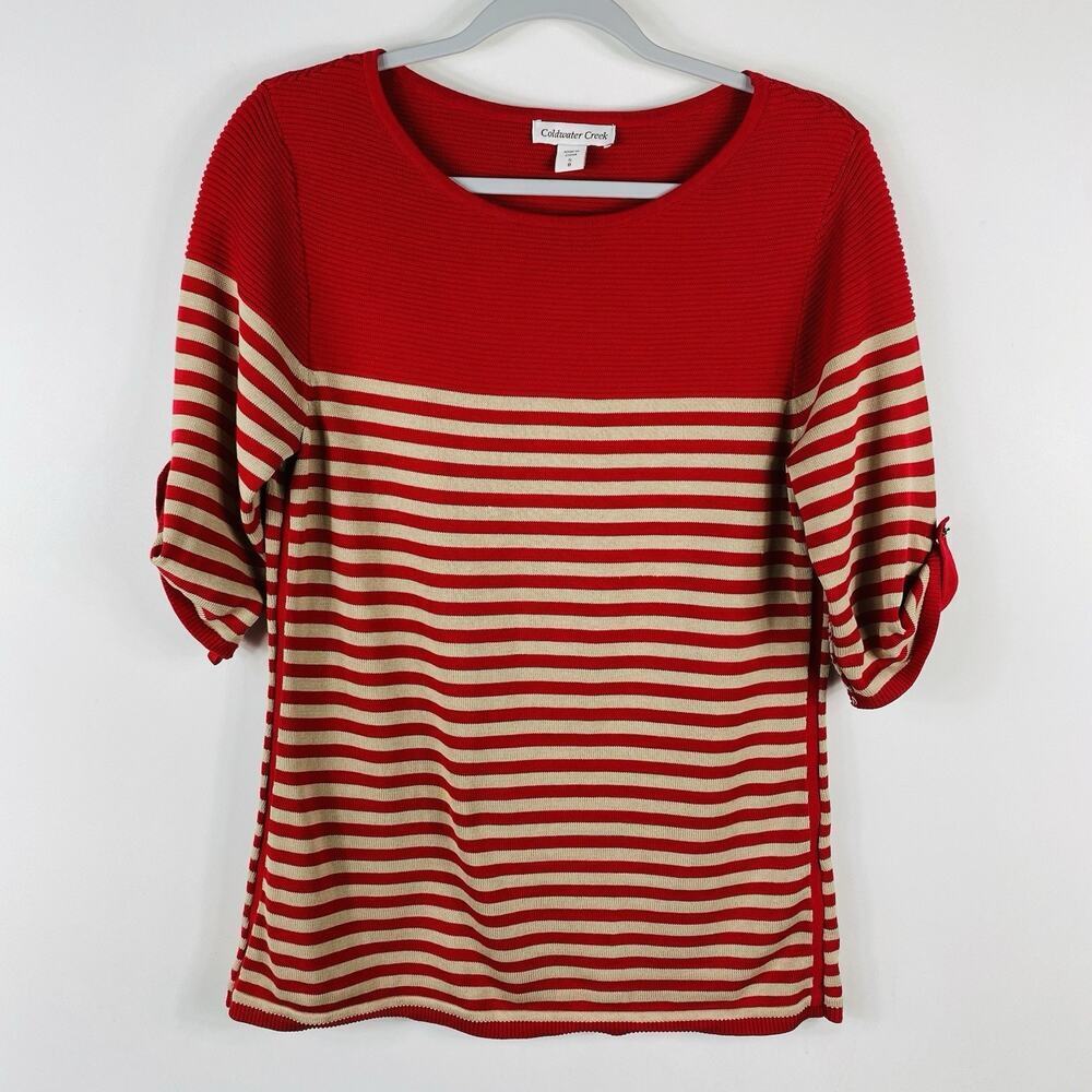Coldwater Creek Sweater Small Striped Roll Tab Sleeve Red Tan 100% Cotton